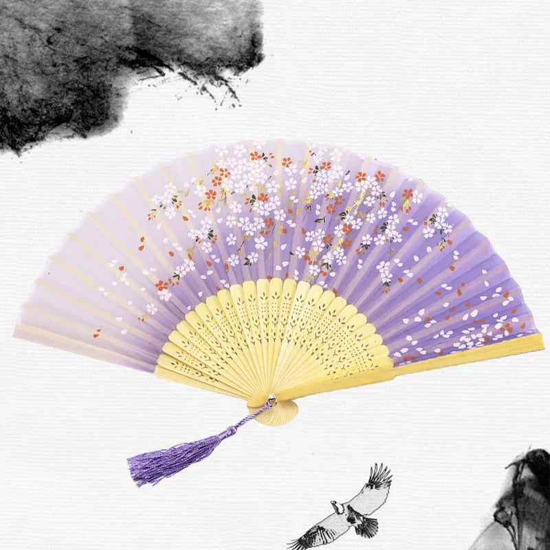 Chinese Japanese Silk Folding Fan Wooden Shank Classical Dance Fan High Quality Tassel Elegent Female Fan Home Decoration