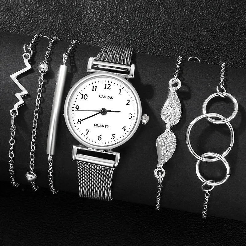 6PCS Set Women Watches Fashion Ladies Quartz Watch Bracelet Set Silvery Mesh Luxury Women Watches Dress Clock Montre Femme