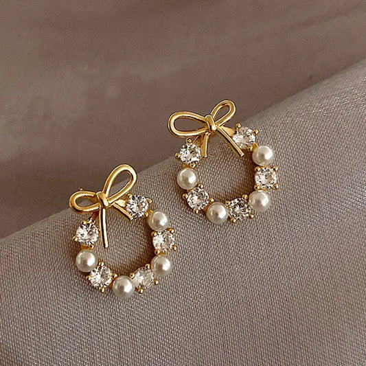 Minimalist Round Bow Knot Earrings For Women Temperament Fashion Rhinestone Imitation Pearl Stud Earrings Party Wedding Jewely