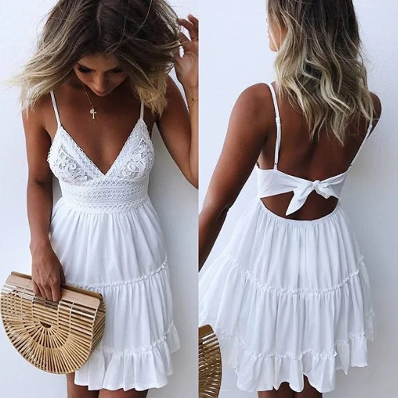 Women Lace Slip Sundress Summer Sexy Backless Sleeveless Strap Lace Up Pleated Mini Party Dress LTHT-D3816XH