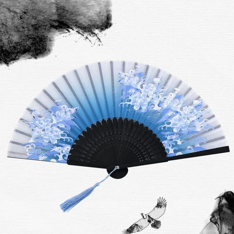 Chinese Japanese Silk Folding Fan Wooden Shank Classical Dance Fan High Quality Tassel Elegent Female Fan Home Decoration