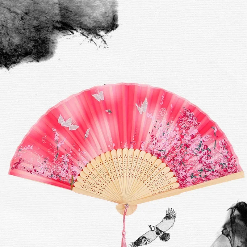 Chinese Japanese Silk Folding Fan Wooden Shank Classical Dance Fan High Quality Tassel Elegent Female Fan Home Decoration