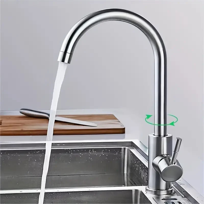 1pc Stainless Steel Kitchen Faucet, Kitchen Sink Hot And Cold Faucet, Can Rotate 360° Splash-proof Water Faucet, Stainless Steel