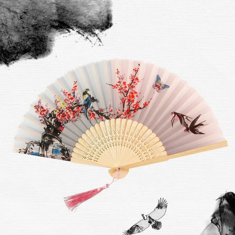 Chinese Japanese Silk Folding Fan Wooden Shank Classical Dance Fan High Quality Tassel Elegent Female Fan Home Decoration