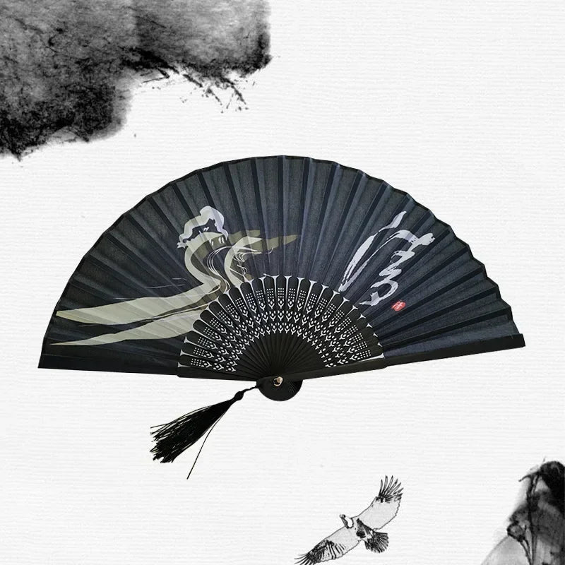 Chinese Japanese Silk Folding Fan Wooden Shank Classical Dance Fan High Quality Tassel Elegent Female Fan Home Decoration