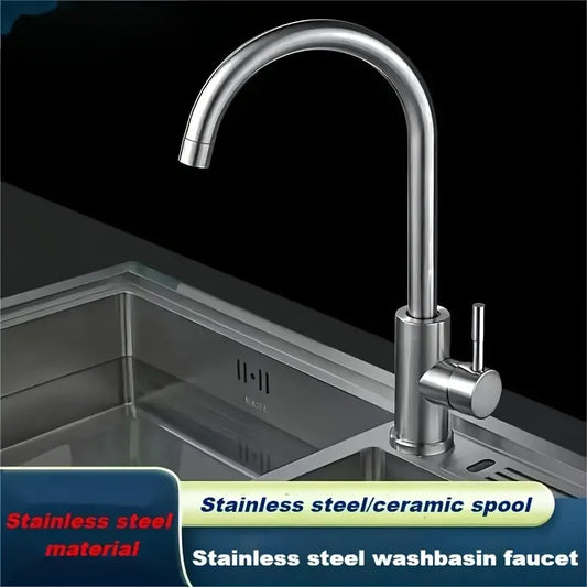 1pc Stainless Steel Kitchen Faucet, Kitchen Sink Hot And Cold Faucet, Can Rotate 360° Splash-proof Water Faucet, Stainless Steel