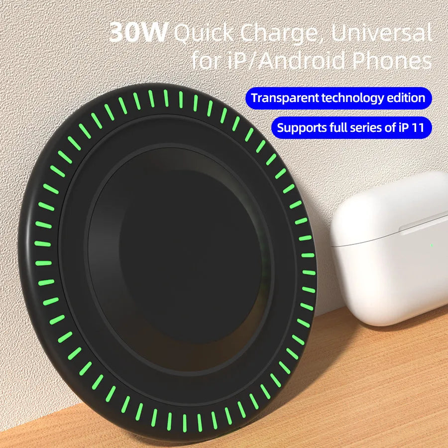 30W Wireless Charger Pad Stand for iPhone 15 14 13 X Samsung Xiaomi Earphone Phone Chargers Induction Fast Charging Dock Station