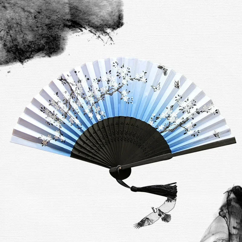 Chinese Japanese Silk Folding Fan Wooden Shank Classical Dance Fan High Quality Tassel Elegent Female Fan Home Decoration