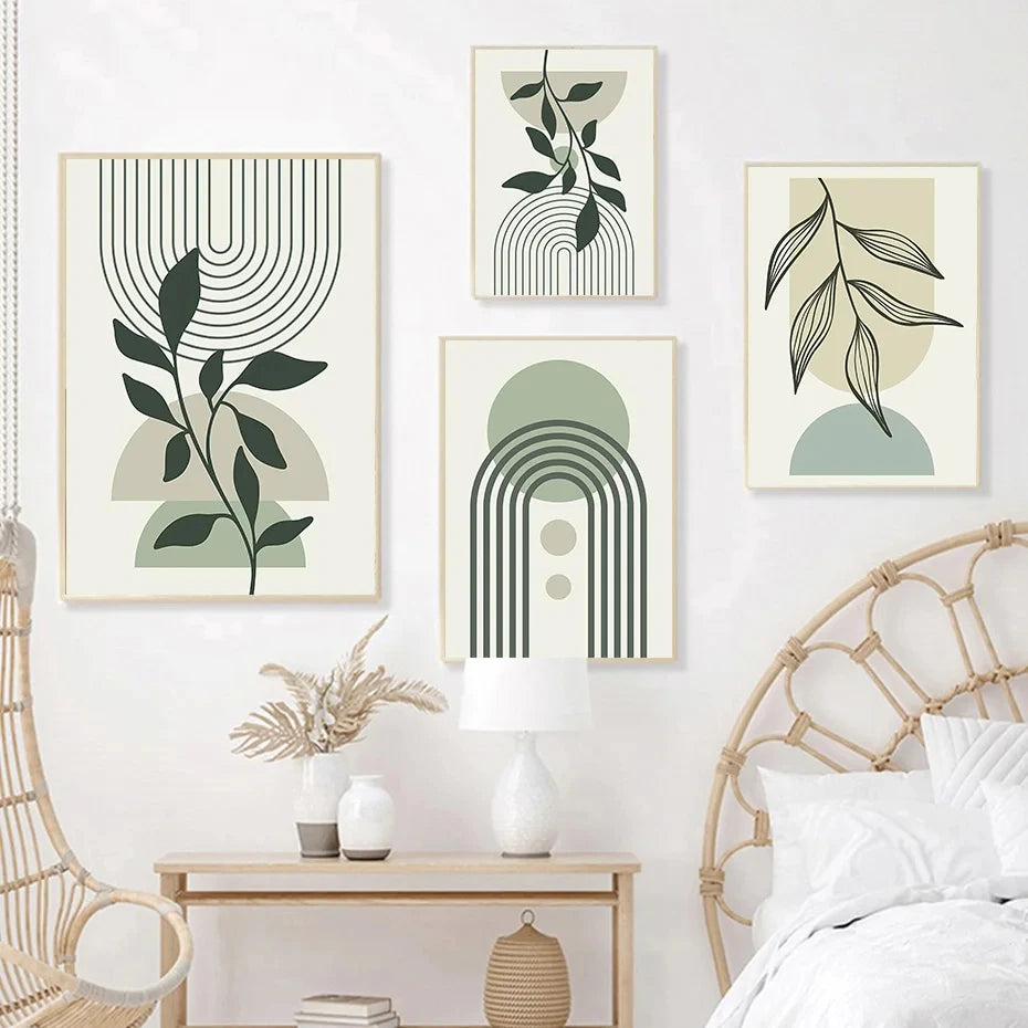 Sage Green Leaf Geometry Line Canvas Painting Matisse Abstract Boho Wall Art Poster And Prints For Living Room Home Wall Decor