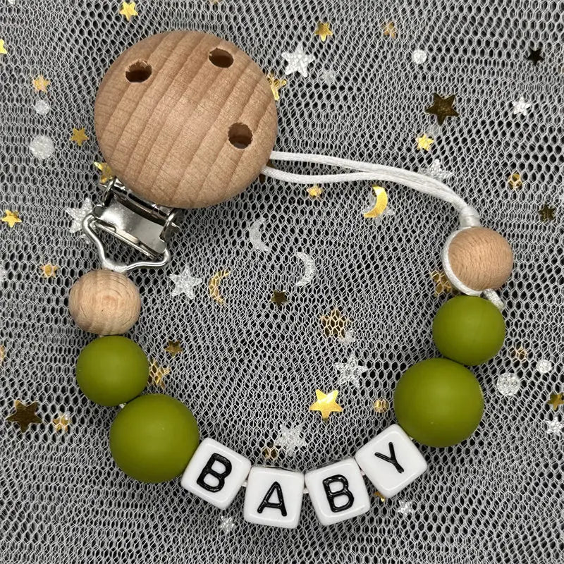 1Pc Custom Personalized Name Pacifier Clips Handmade Beech Wood Chain Silicone Crown Holder Soother Baby Teething Toys Chew Gift