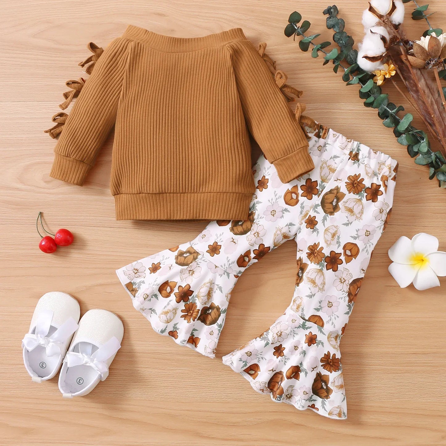 PatPat 2pcs Baby Solid Ribbed Off Shoulder Bowknot Long-sleeve Top and Floral Print Bell Bottom Pants Set