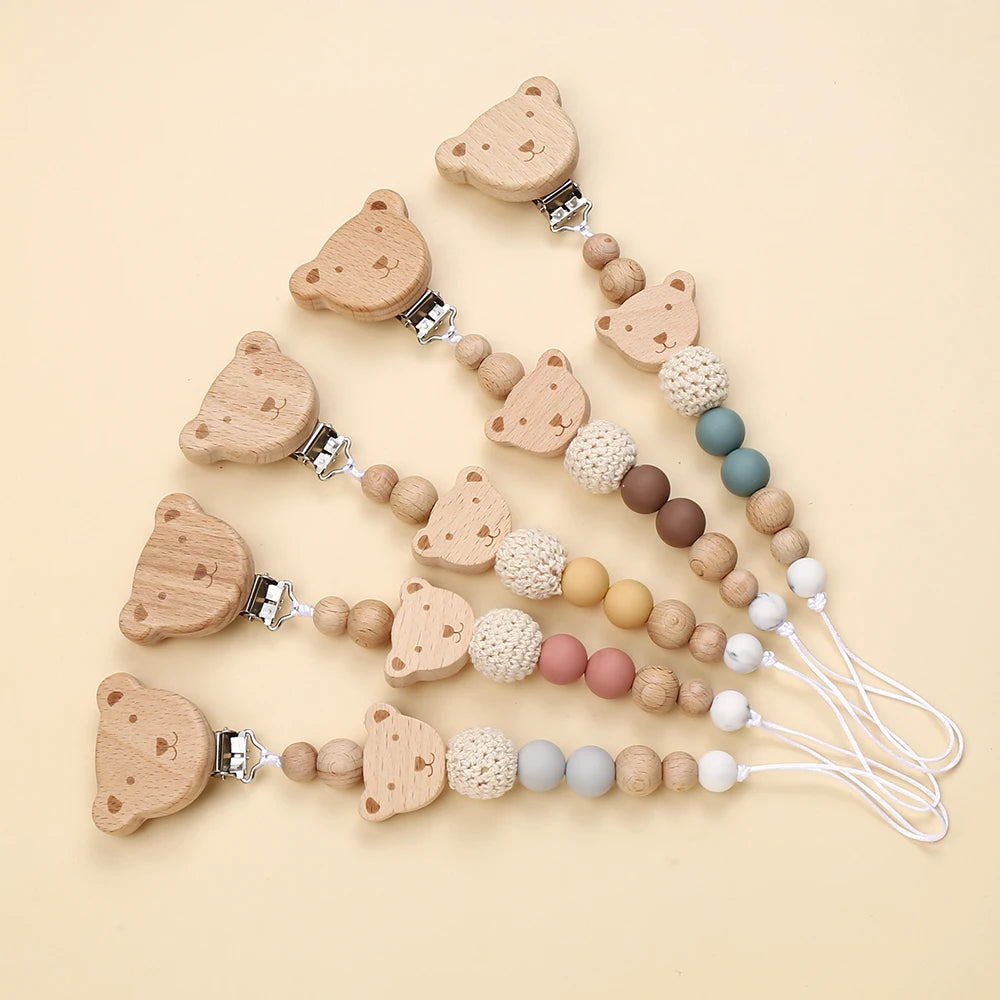 Baby Animal Beech Pacifier Clip Wood Silicone Round Beaded Nipple Chain For Infant Appease Dummy Holder Chain Shower Gifts