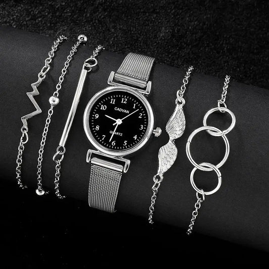 6PCS Set Women Watches Fashion Ladies Quartz Watch Bracelet Set Silvery Mesh Luxury Women Watches Dress Clock Montre Femme