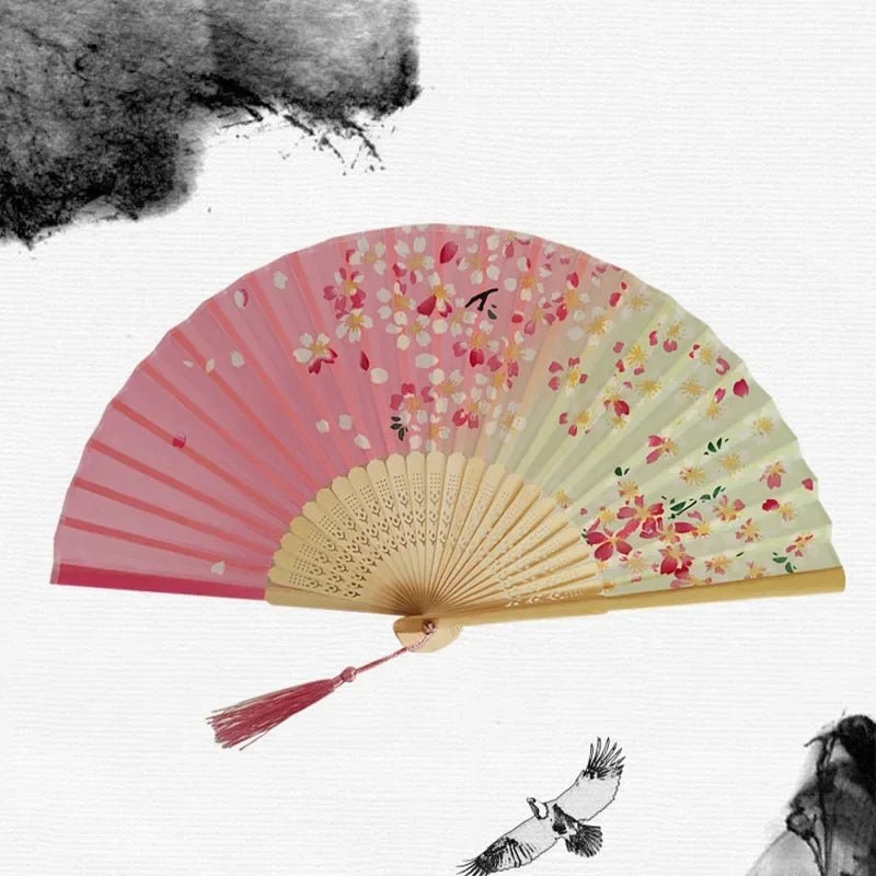 Chinese Japanese Silk Folding Fan Wooden Shank Classical Dance Fan High Quality Tassel Elegent Female Fan Home Decoration