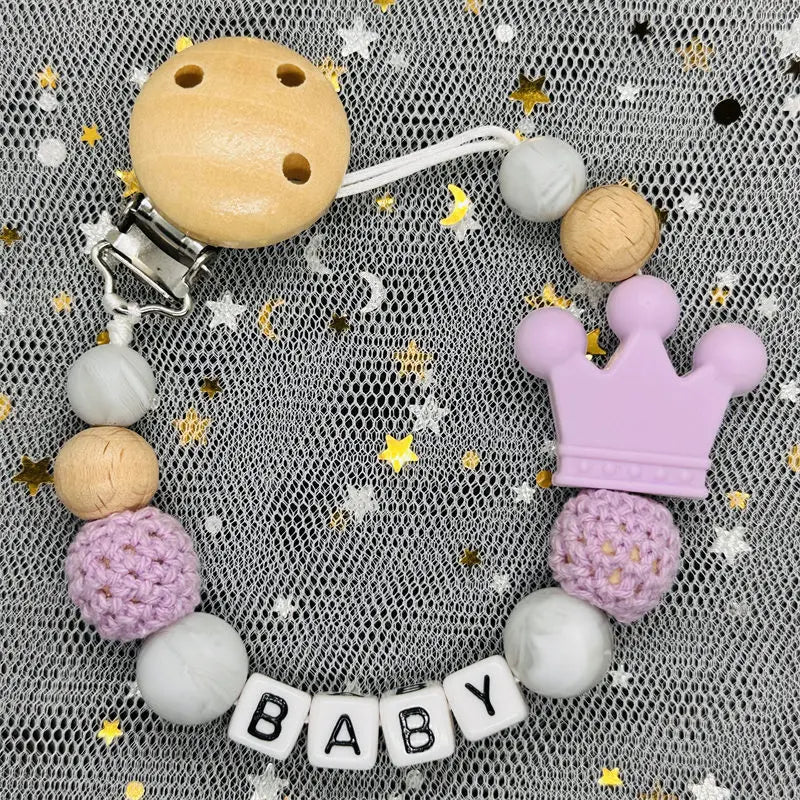 1Pc Custom Personalized Name Pacifier Clips Handmade Beech Wood Chain Silicone Crown Holder Soother Baby Teething Toys Chew Gift