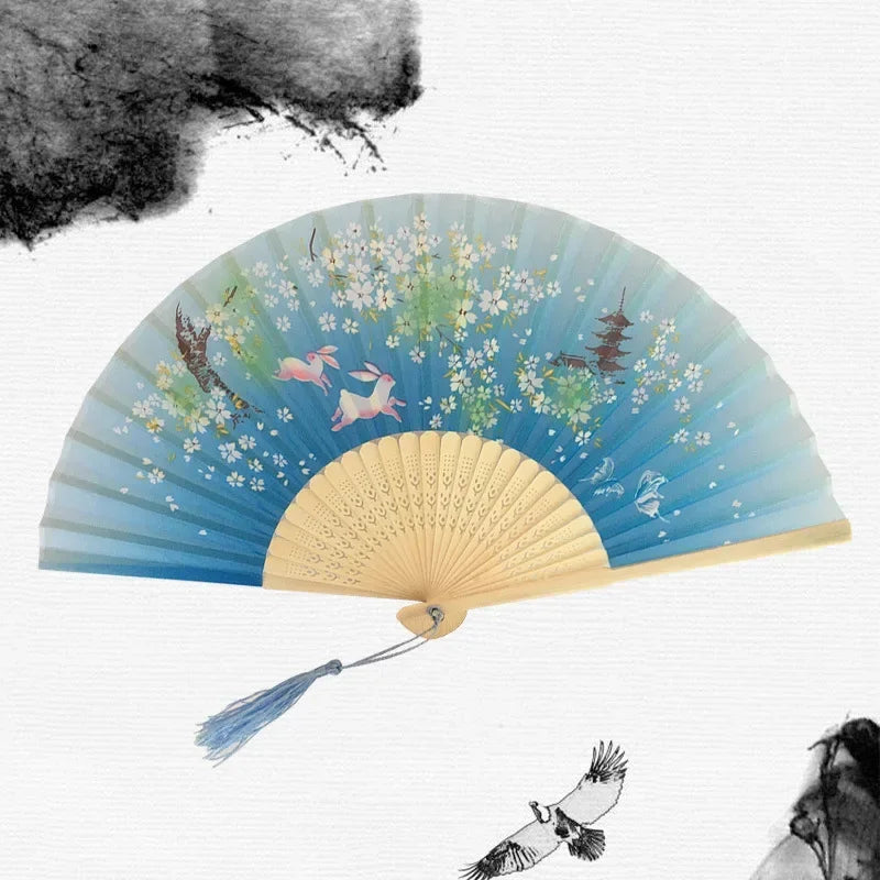 Chinese Japanese Silk Folding Fan Wooden Shank Classical Dance Fan High Quality Tassel Elegent Female Fan Home Decoration