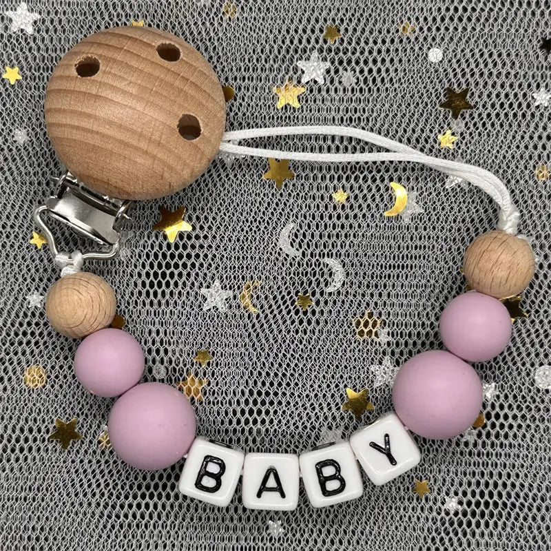 1Pc Custom Personalized Name Pacifier Clips Handmade Beech Wood Chain Silicone Crown Holder Soother Baby Teething Toys Chew Gift