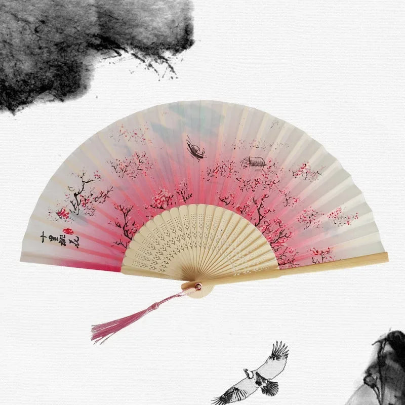 Chinese Japanese Silk Folding Fan Wooden Shank Classical Dance Fan High Quality Tassel Elegent Female Fan Home Decoration