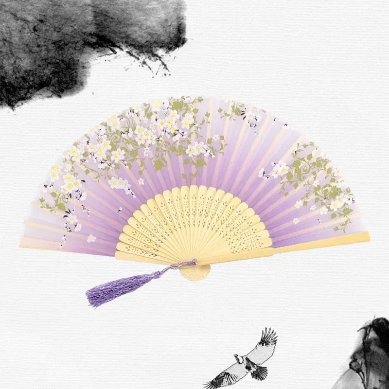 Chinese Japanese Silk Folding Fan Wooden Shank Classical Dance Fan High Quality Tassel Elegent Female Fan Home Decoration