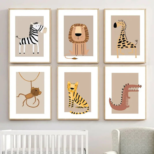 Modern Nordic Cartoon Aesthetics Wall Art Wildlife Lion Giraffe Zebra Tiger Monkey HD Children'S Room Nursery Decoration Gift