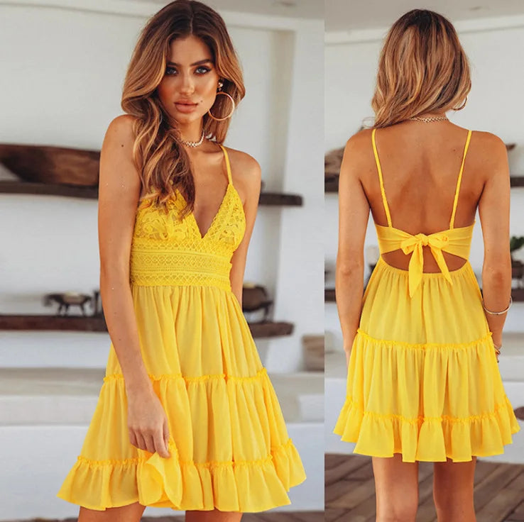 Women Lace Slip Sundress Summer Sexy Backless Sleeveless Strap Lace Up Pleated Mini Party Dress LTHT-D3816XH