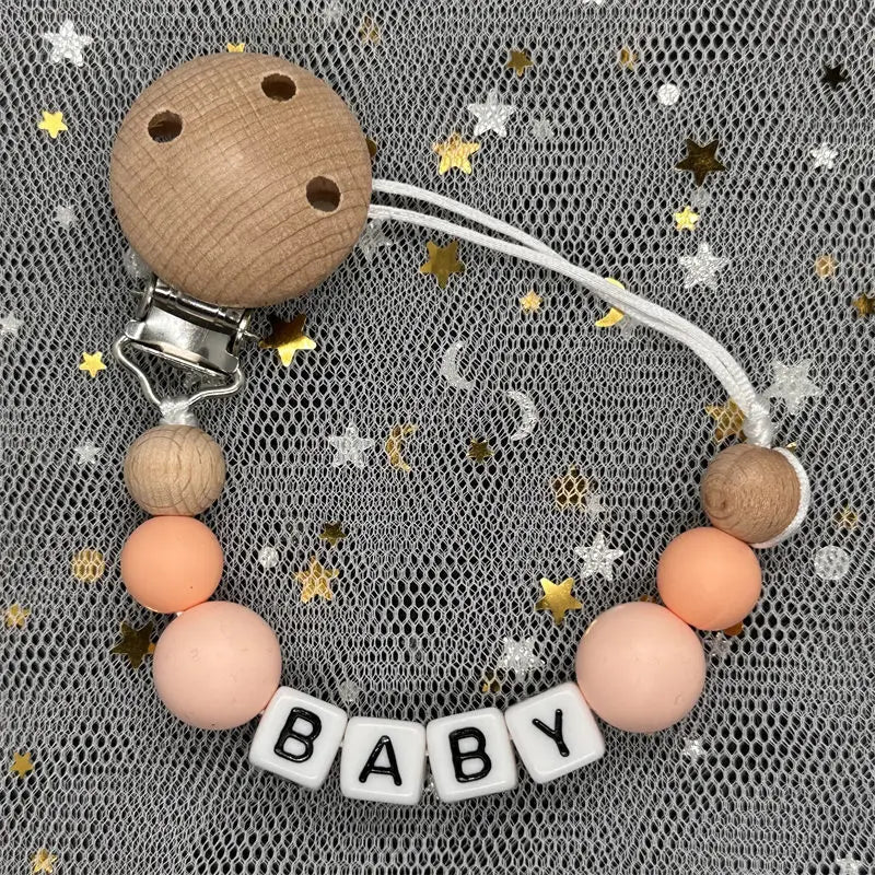 1Pc Custom Personalized Name Pacifier Clips Handmade Beech Wood Chain Silicone Crown Holder Soother Baby Teething Toys Chew Gift