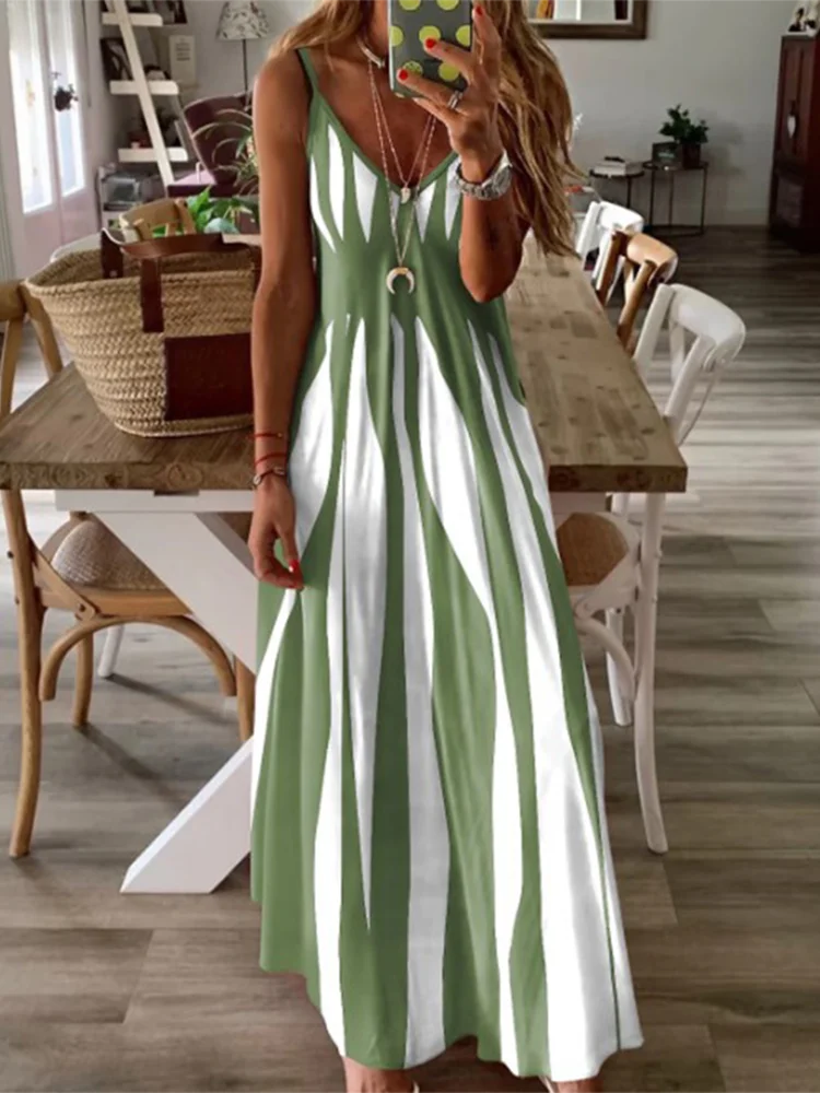 Sexy Sleeveless Dress Women Black White Stripe Printed Long Dresses Summer Casual Vacation Party Dress Robe