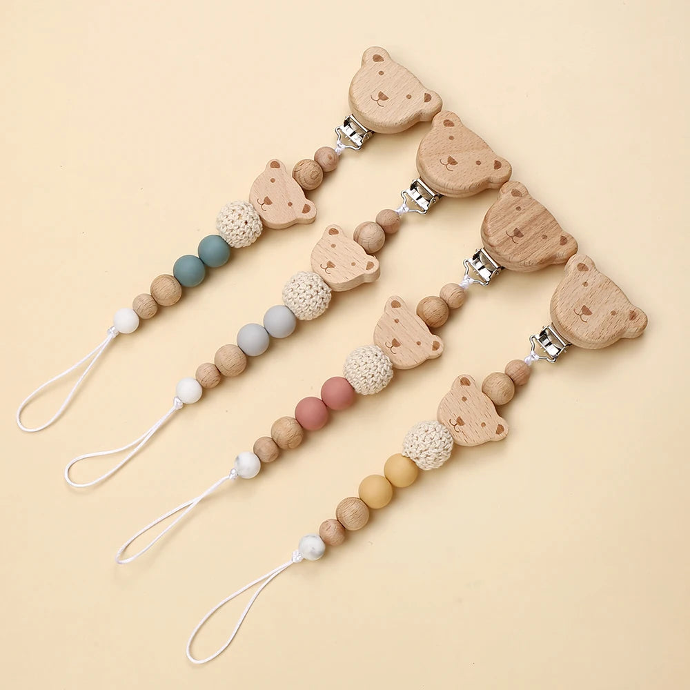 Baby Animal Beech Pacifier Clip Wood Silicone Round Beaded Nipple Chain For Infant Appease Dummy Holder Chain Shower Gifts