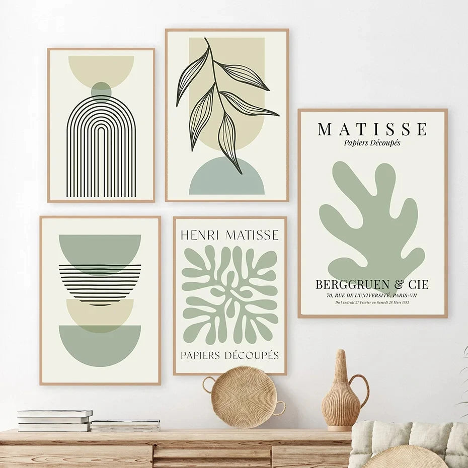 Sage Green Leaf Geometry Line Canvas Painting Matisse Abstract Boho Wall Art Poster And Prints For Living Room Home Wall Decor