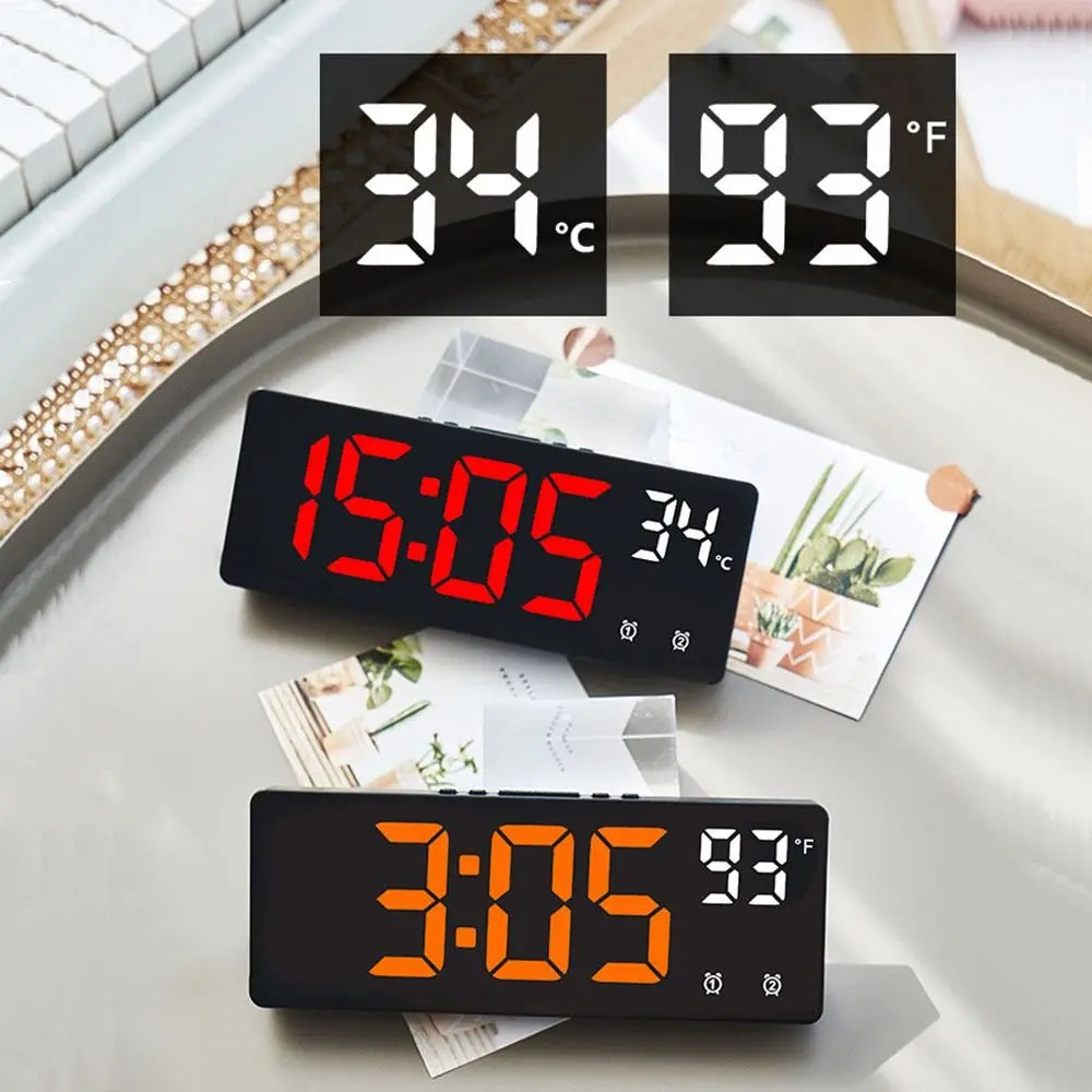 Digital Alarm Clock LED Mirror with Phone Holder Display Temperature Date Home Trip Bedside Clock