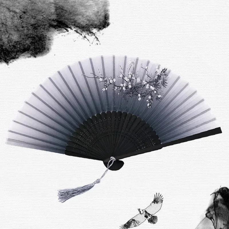 Chinese Japanese Silk Folding Fan Wooden Shank Classical Dance Fan High Quality Tassel Elegent Female Fan Home Decoration