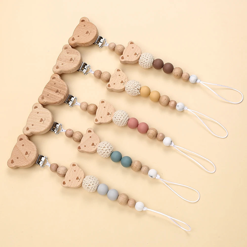 Baby Animal Beech Pacifier Clip Wood Silicone Round Beaded Nipple Chain For Infant Appease Dummy Holder Chain Shower Gifts