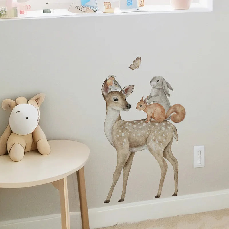 1PC Cartoon Animal Sika Deer Fox Rabbit Stickers, Decorating Room Walls With Background Wall Stickers, Waterproof Self-adhesive