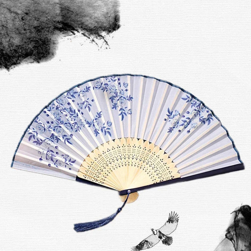 Chinese Japanese Silk Folding Fan Wooden Shank Classical Dance Fan High Quality Tassel Elegent Female Fan Home Decoration