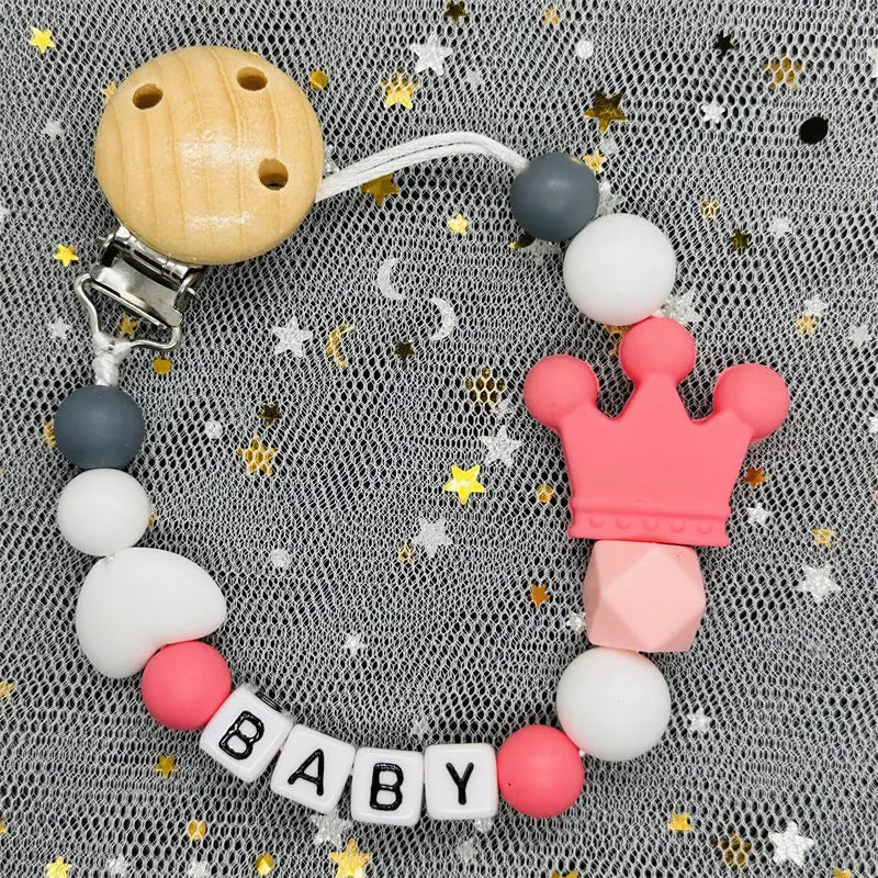 1Pc Custom Personalized Name Pacifier Clips Handmade Beech Wood Chain Silicone Crown Holder Soother Baby Teething Toys Chew Gift