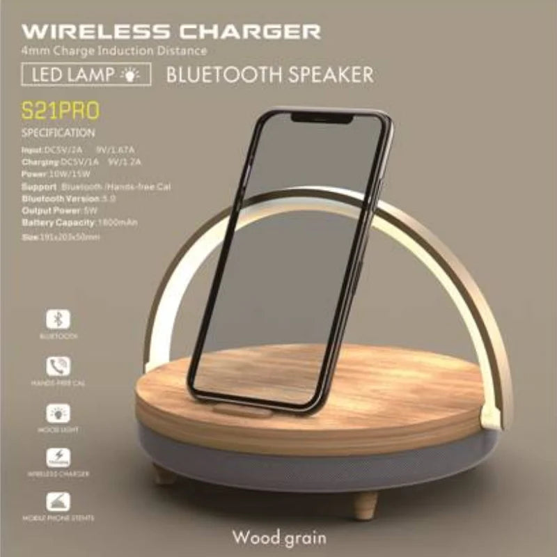 S21 Pro Wood Wireless Chargers LED Lamp Bluetooth Speaker  15W High Power Fast Charging for IPhone 14 Easy Touch Wireless Charge