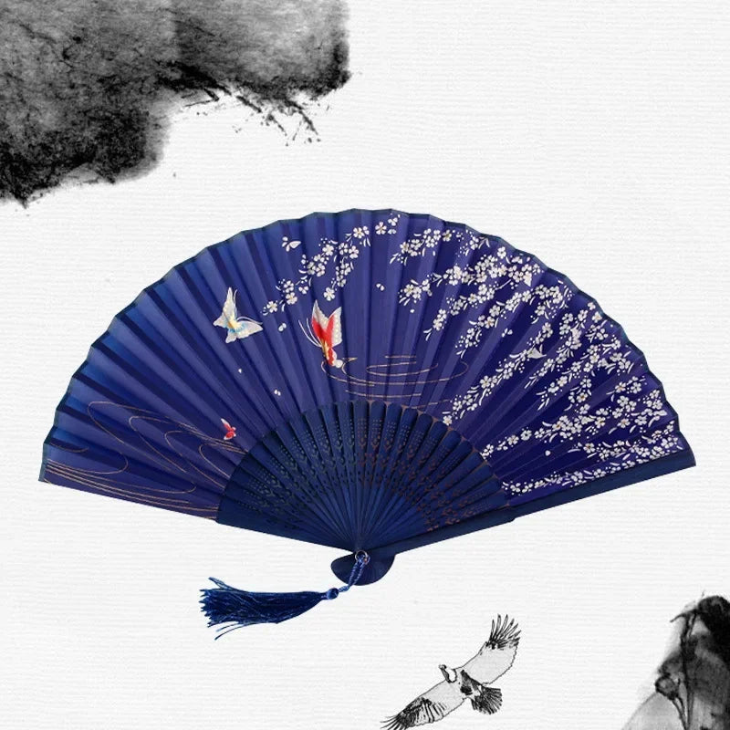 Chinese Japanese Silk Folding Fan Wooden Shank Classical Dance Fan High Quality Tassel Elegent Female Fan Home Decoration