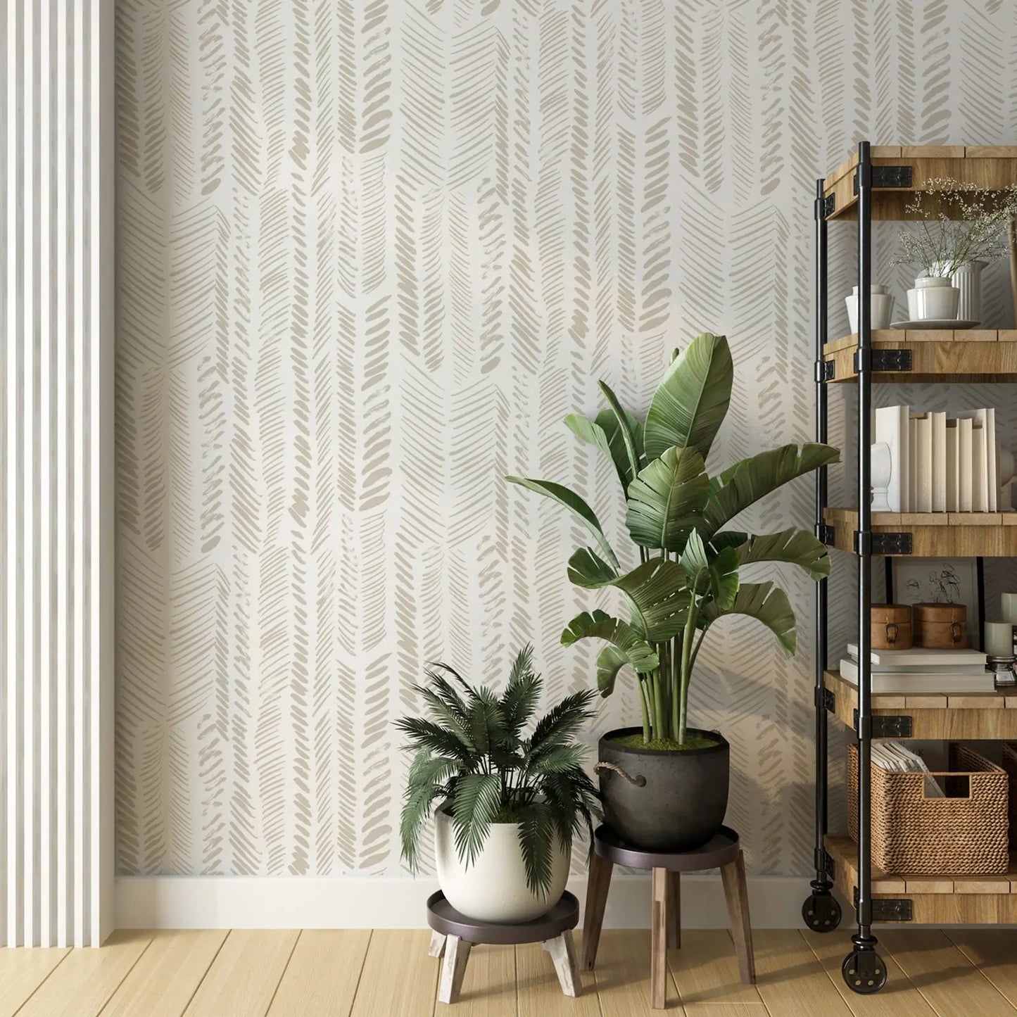 Brush Strokes Pattern Wallpaper, Zigzag Lines  Wall Paper Peel And Stick,Beige and White Wall Mural ,Self Adhesive Wallpaper