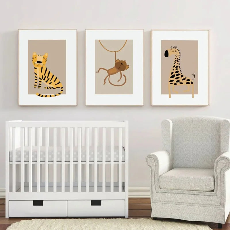 Modern Nordic Cartoon Aesthetics Wall Art Wildlife Lion Giraffe Zebra Tiger Monkey HD Children'S Room Nursery Decoration Gift