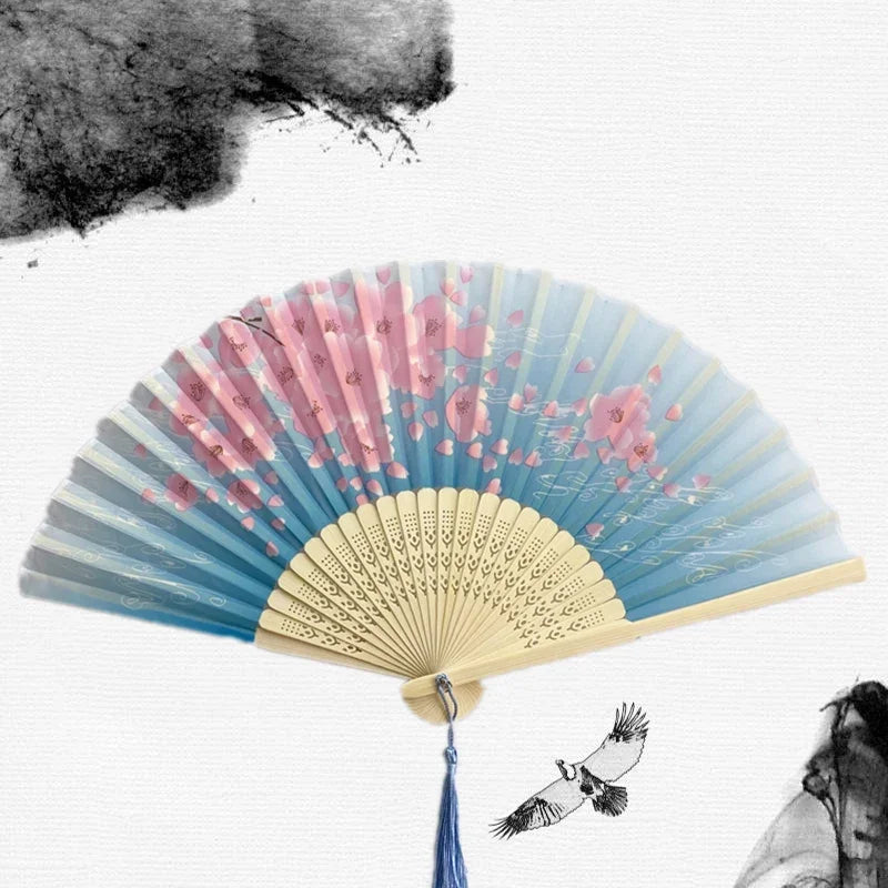 Chinese Japanese Silk Folding Fan Wooden Shank Classical Dance Fan High Quality Tassel Elegent Female Fan Home Decoration