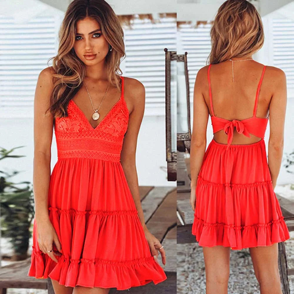 Women Lace Slip Sundress Summer Sexy Backless Sleeveless Strap Lace Up Pleated Mini Party Dress LTHT-D3816XH