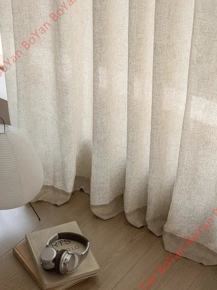 Japanese Vintage Beige Linen Thick Tulle Living Room Door Flax Kitchen Sheer Curtains for Bedroom Voile Window S Folds Drapes