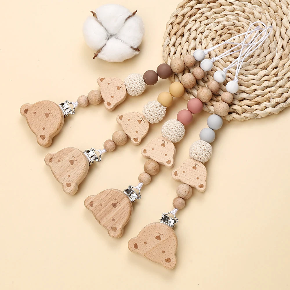 Baby Animal Beech Pacifier Clip Wood Silicone Round Beaded Nipple Chain For Infant Appease Dummy Holder Chain Shower Gifts