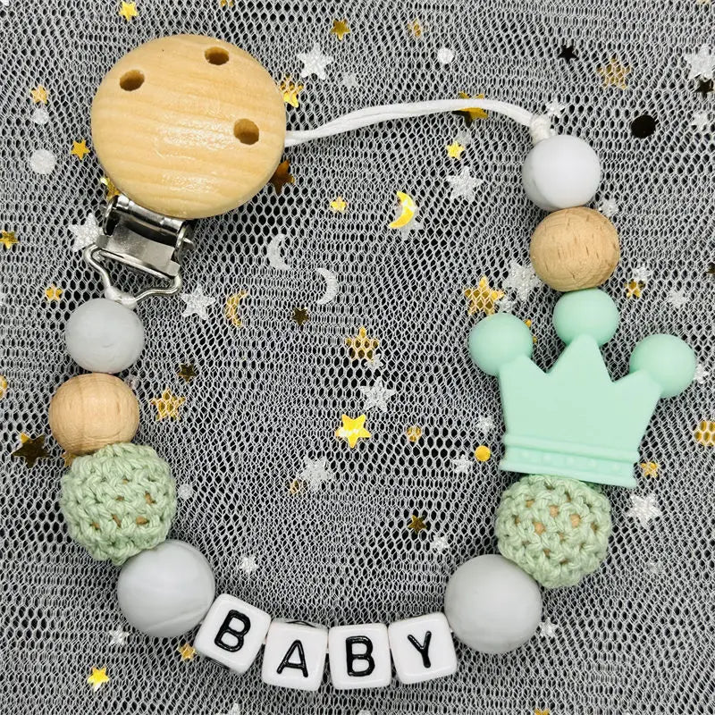 1Pc Custom Personalized Name Pacifier Clips Handmade Beech Wood Chain Silicone Crown Holder Soother Baby Teething Toys Chew Gift