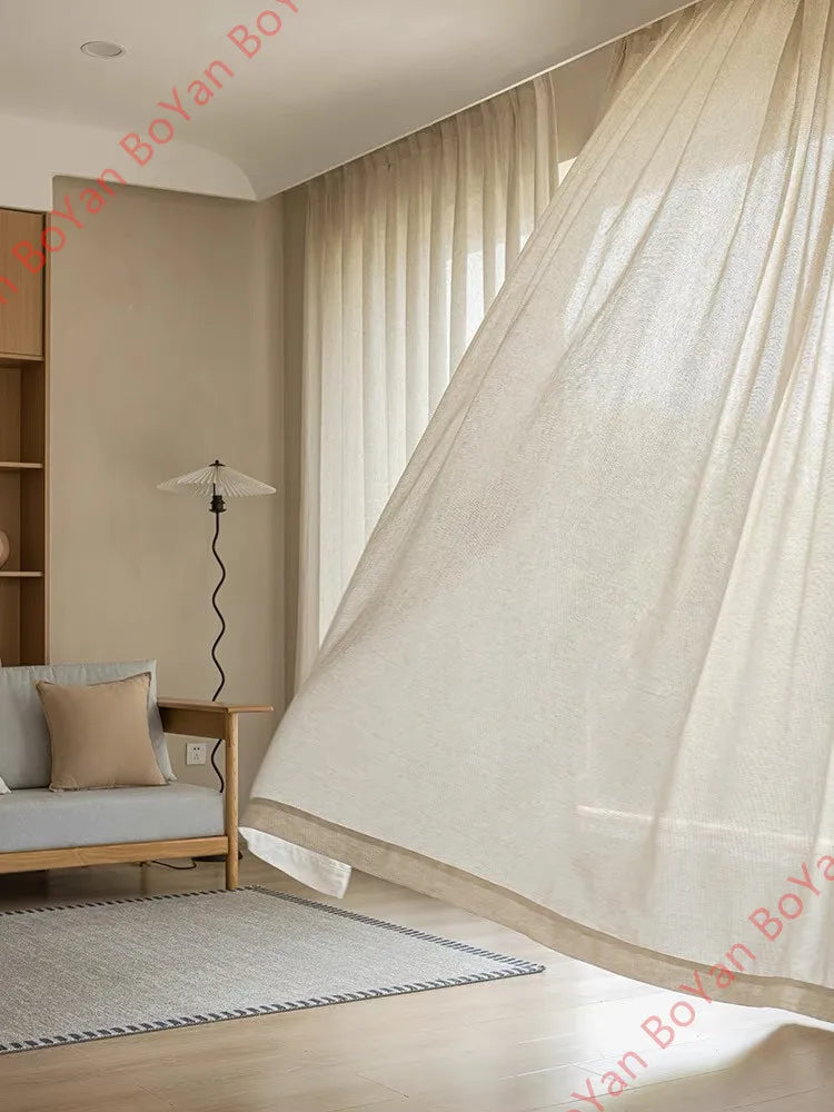 Japanese Vintage Beige Linen Thick Tulle Living Room Door Flax Kitchen Sheer Curtains for Bedroom Voile Window S Folds Drapes