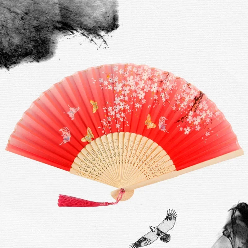 Chinese Japanese Silk Folding Fan Wooden Shank Classical Dance Fan High Quality Tassel Elegent Female Fan Home Decoration