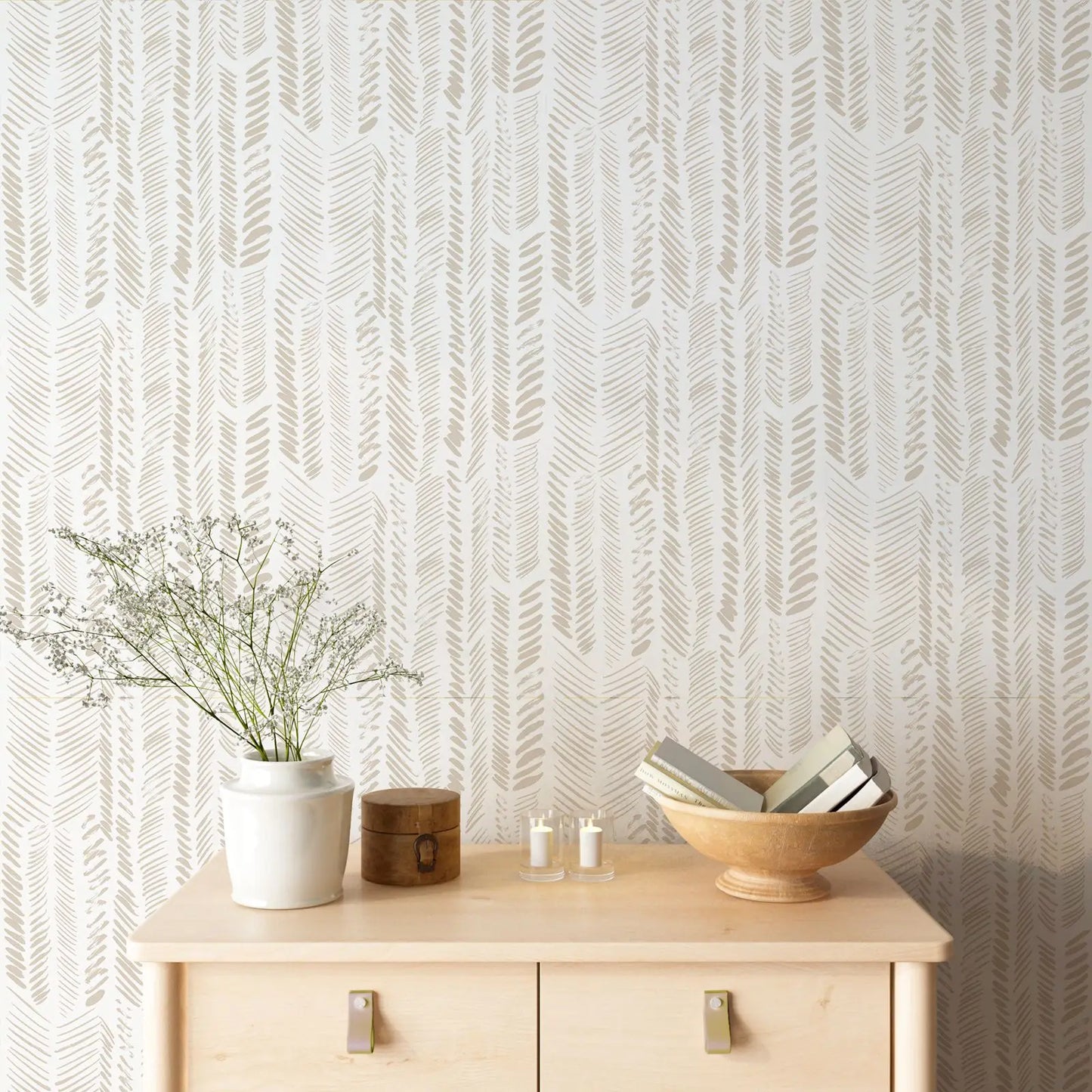 Brush Strokes Pattern Wallpaper, Zigzag Lines  Wall Paper Peel And Stick,Beige and White Wall Mural ,Self Adhesive Wallpaper