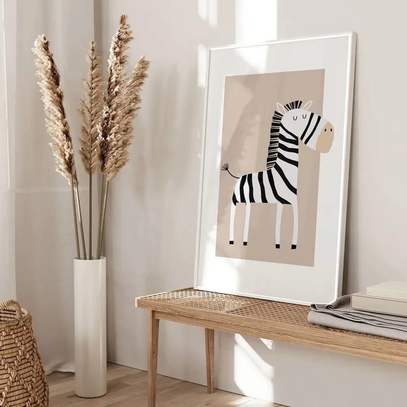 Modern Nordic Cartoon Aesthetics Wall Art Wildlife Lion Giraffe Zebra Tiger Monkey HD Children'S Room Nursery Decoration Gift