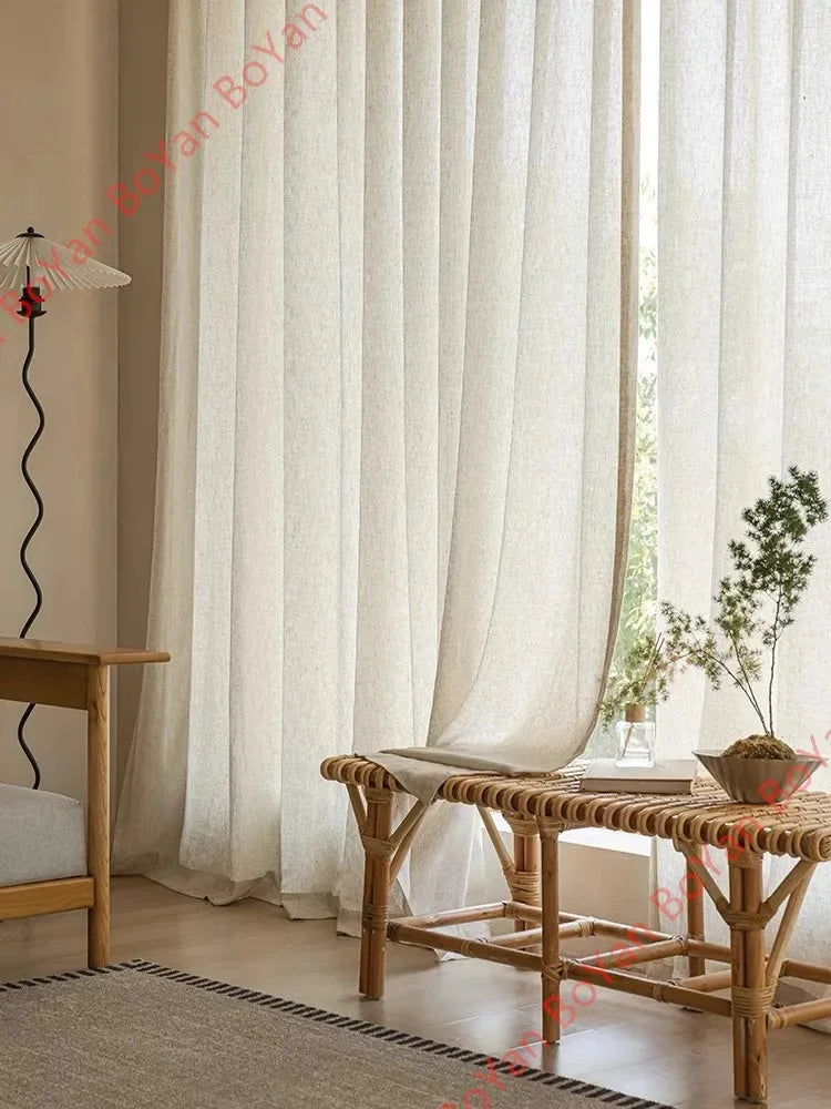 Japanese Vintage Beige Linen Thick Tulle Living Room Door Flax Kitchen Sheer Curtains for Bedroom Voile Window S Folds Drapes