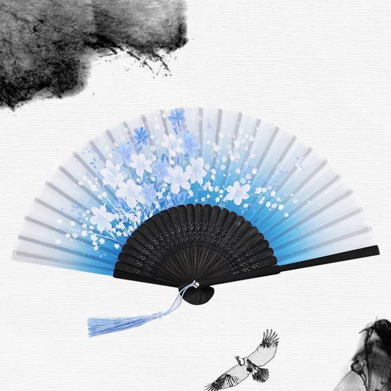 Chinese Japanese Silk Folding Fan Wooden Shank Classical Dance Fan High Quality Tassel Elegent Female Fan Home Decoration